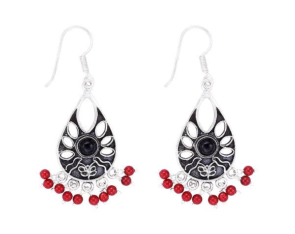 Sterling Silver Earrings with Black Onyx and Coral Stone