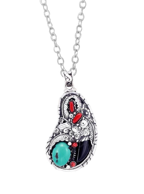 Designer Sterling Silver Pendant with Black Onyx | Coral |Turquoise Stone