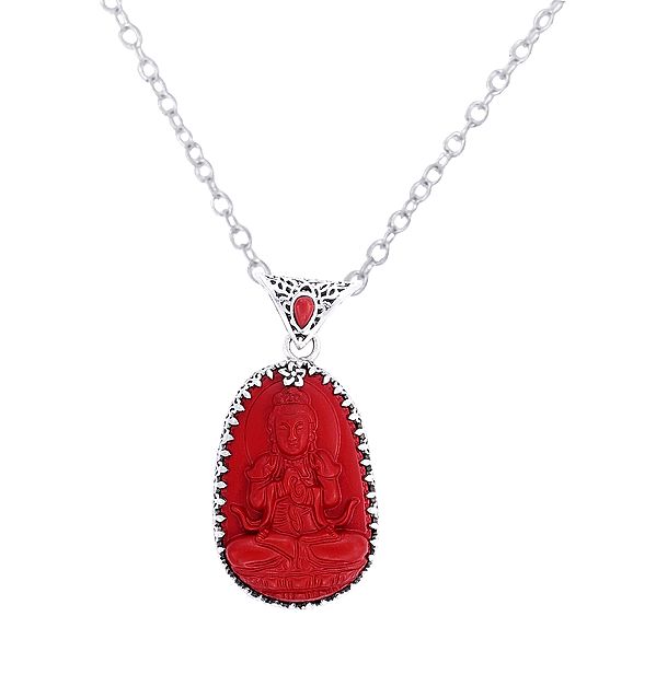 Red Stone Chinese Buddha Sterling Silver Pendant with Precious Gemstone