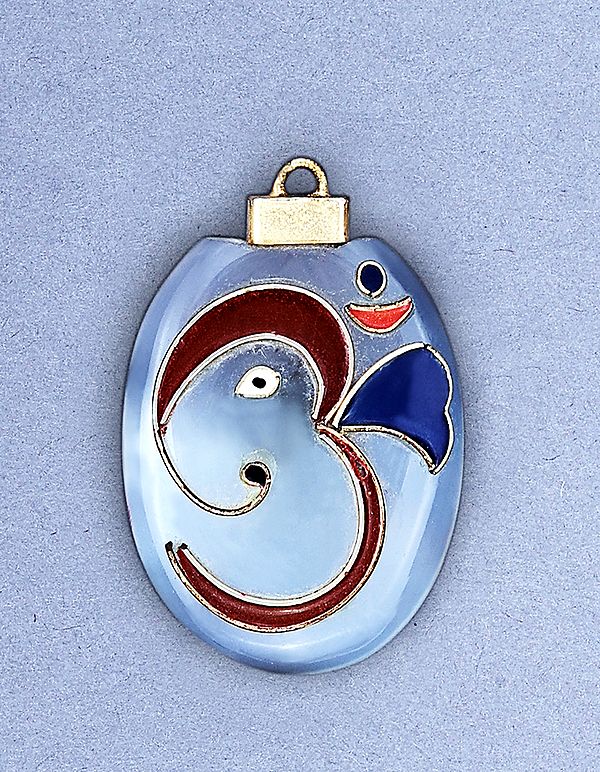 Ganesha Carved as Om with Enamel on Agate Pendant