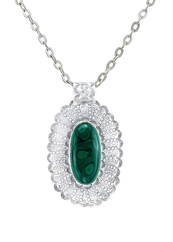 Large Embroidered Sterling Silver Pendant with Malachite Stone