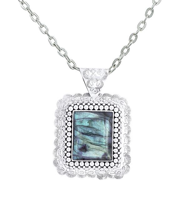 Large Square Shaped Embroidered Sterling Silver Pendant with Labradorite Stone