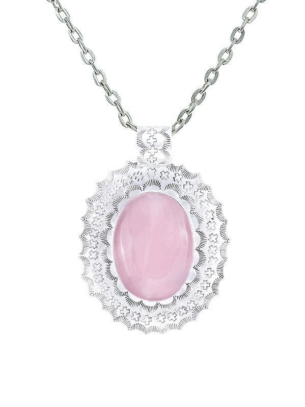 Large Oval Shaped Embroidered Sterling Silver Pendant with Rose Quartz Stone