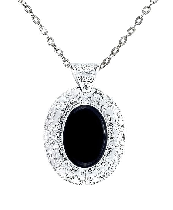 Large Oval Shaped Embroidered Sterling Silver Pendant with Black Onyx Stone