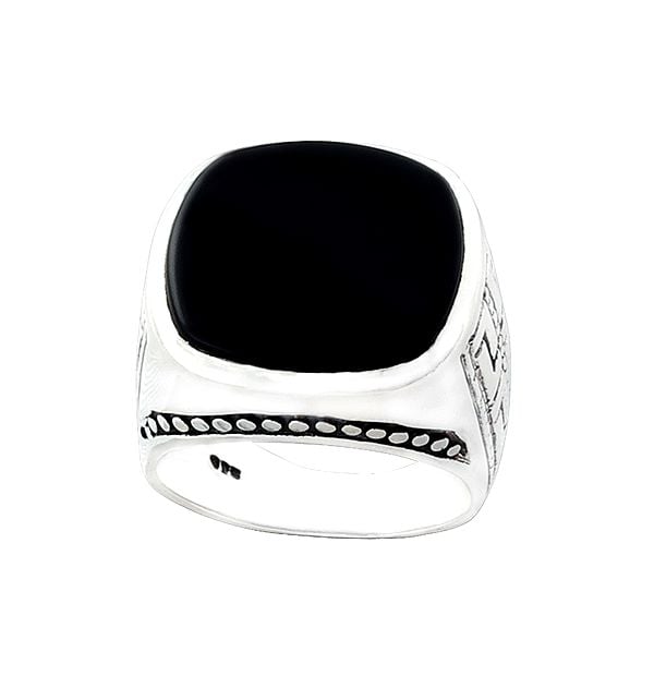 Embroidered Sterling Silver Ring with Black Onyx Stone