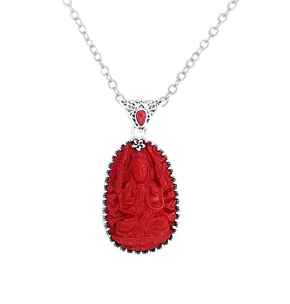 Red Stone Lord Buddha Sterling Silver Pendant with Precious Gemstone