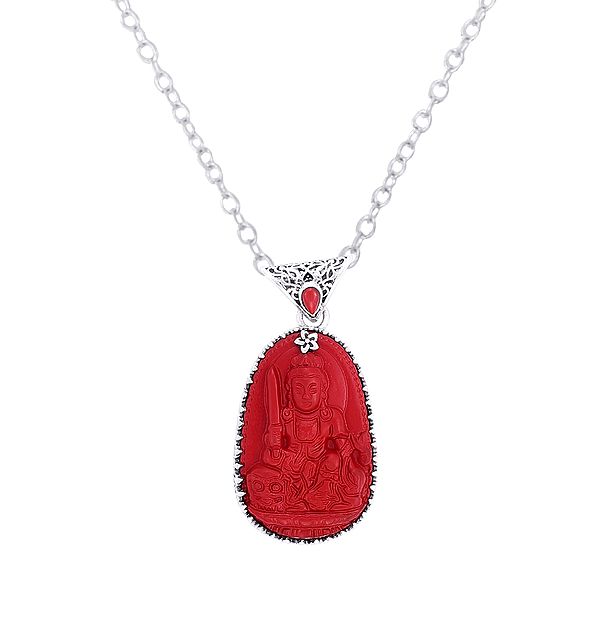 Buddha Pendant Crafted in Sterling Silver with Precious Red Gemstone