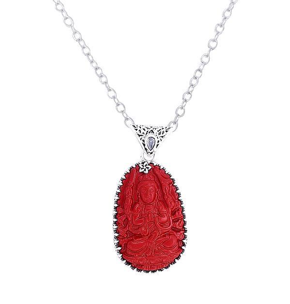 Red Stone Buddha Sterling Silver Pendant with Precious Gemstone