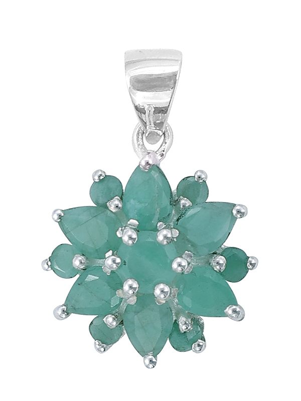Floral Design Sterling Silver Pendant with Emerald Stone
