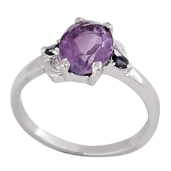 Superfine Sterling Silver Ring with Faceted Amethyst & Sapphire Gemstone