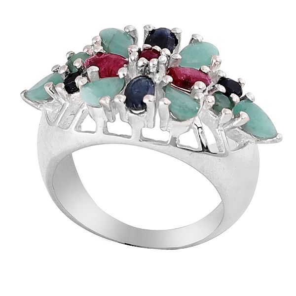 Designer Sterling Silver Ring with Ruby, Emerald, Sapphire Gemstone