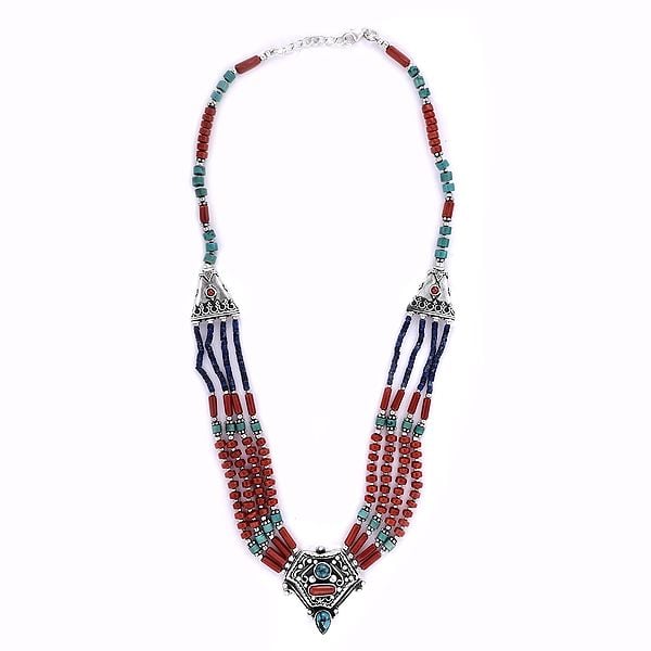 Designer Sterling Silver Necklace with Coral and Turquoise Stone