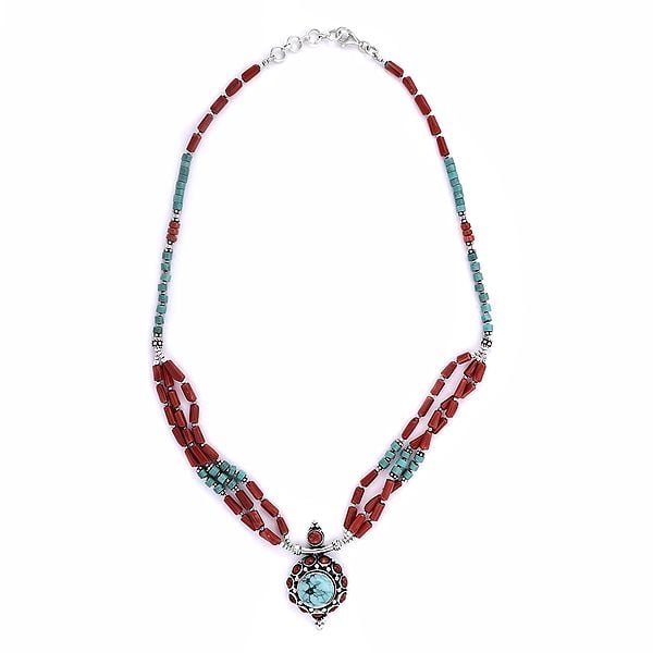 Sterling Silver Sober Necklace with Coral and Turquoise Stone