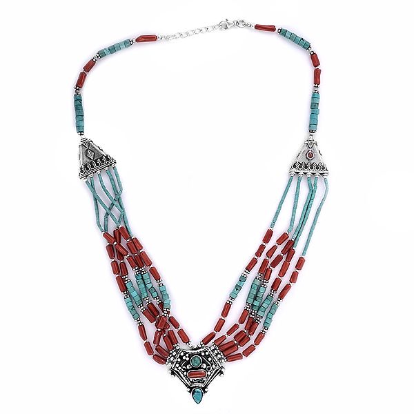 Stylish Sterling Silver Necklace with Coral and Turquoise Stone