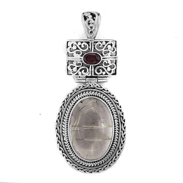 Sterling Silver Pendant with Rutile Quartz and Garnet Stone