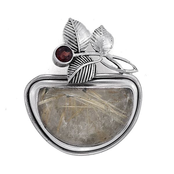 Stylish Sterling Silver Pendant with Rutile Quartz and Garnet Stone