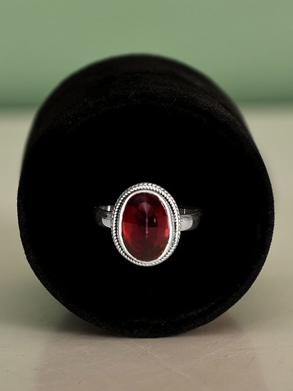 Oval Shape Sterling Silver Ring with Cut Red Glass