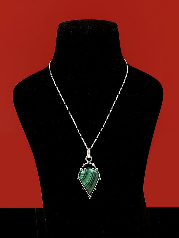 Teardrop Malachite Gemstone Pendant with Silver Chain
