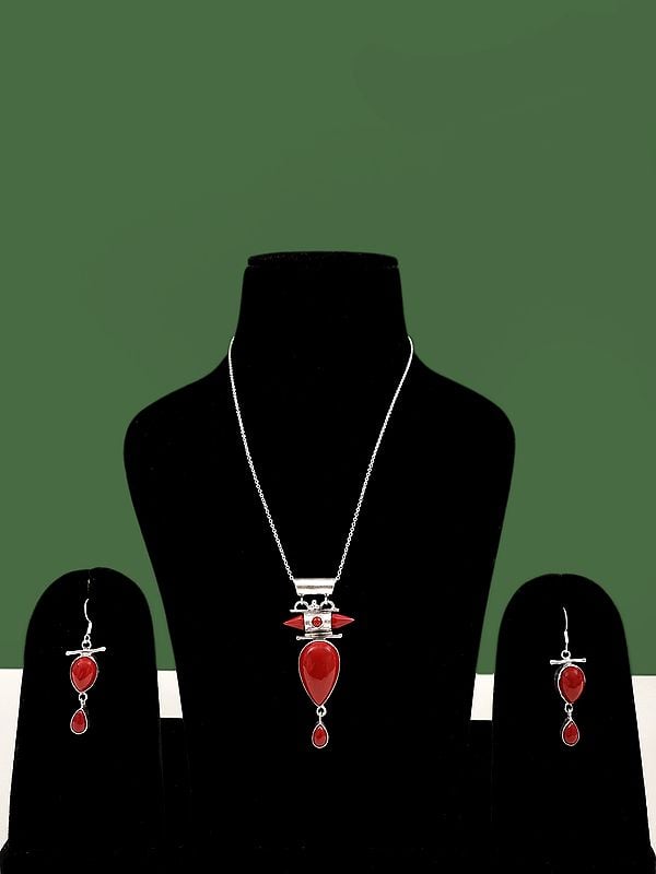 Sterling Silver Pendant and Earring Set with Coral Gemstone