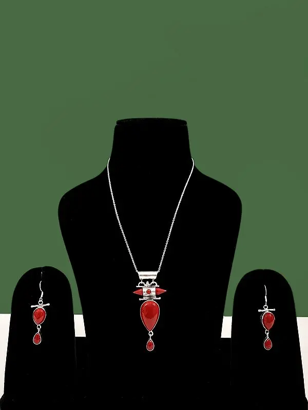 Sterling Silver Pendant and Earring Set with Coral Gemstone