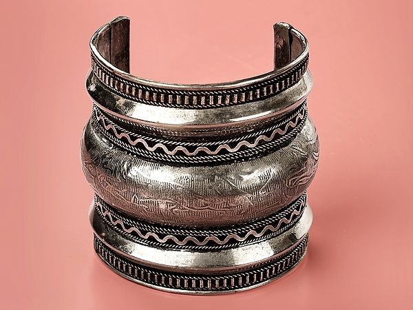 Tibetan Long Wrist Cuff Bracelet | White Metal Jewelry