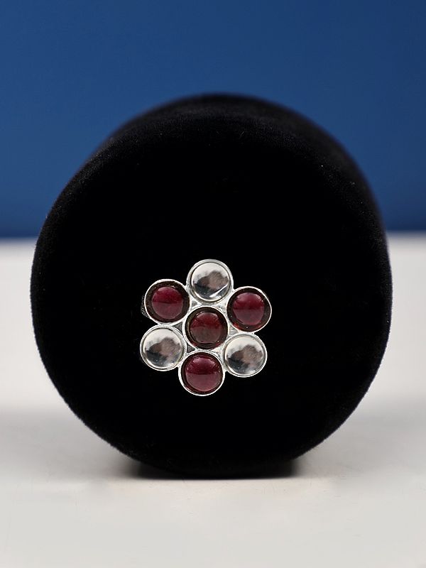 Adjustable Floral Design Sterling Silver Ring with Garnet and Crystal Stone
