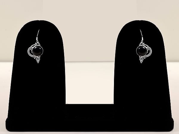 Stylish Sterling Silver Earring with Round Shape Black Onyx Gemstone