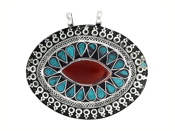 Large Tibetan Pendant with Turquoise and Coral Stone