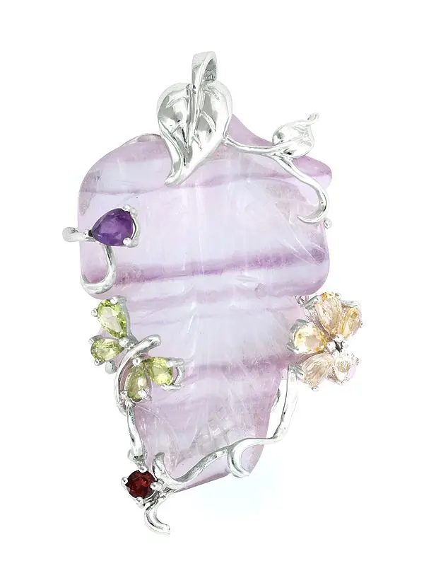Carved Fluorite Leaf Pendant with Multiple Gemstone
