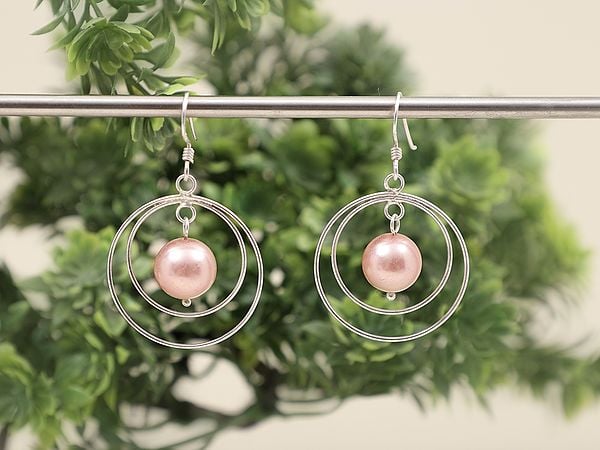 Double Hoop Drop Earring with Pink Pearl