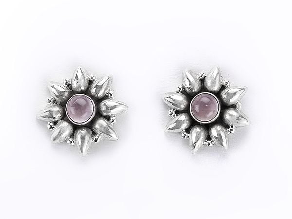 Floral Design Sterling Silver Earring with Rose Quartz Stone