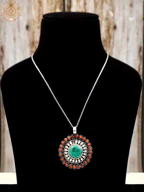 Beautiful Circular Sterling Silver Pendant with Turquoise and Coral Gemstone