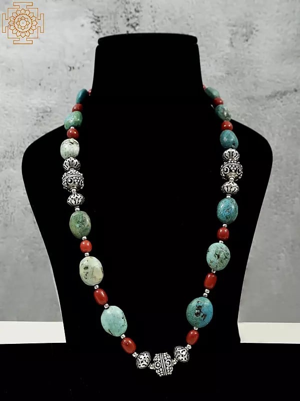 Long Sterling Silver Necklace with Turquoise and Coral Gemstone
