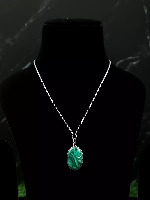 Oval Malachite Gemstone Pendant in Sterling Silver