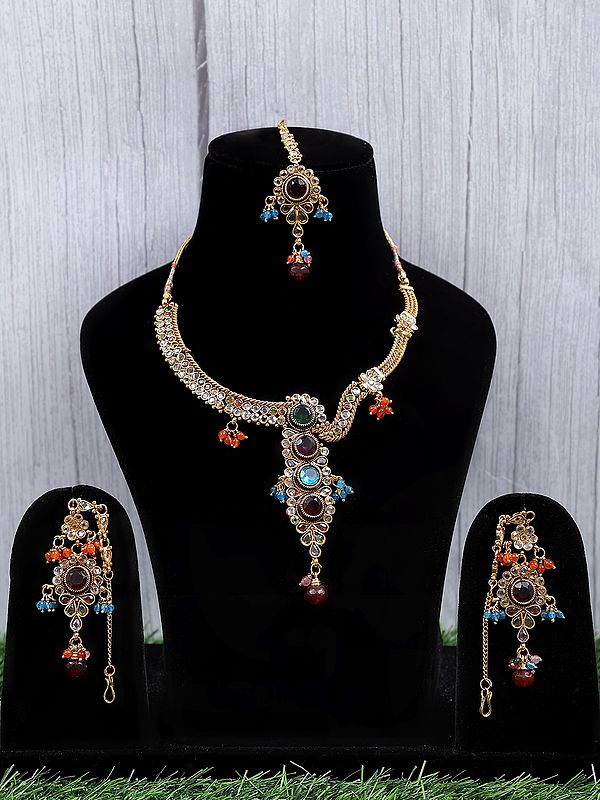 Stone Studded Fashion Necklace & Earring with Maang Tikka Set