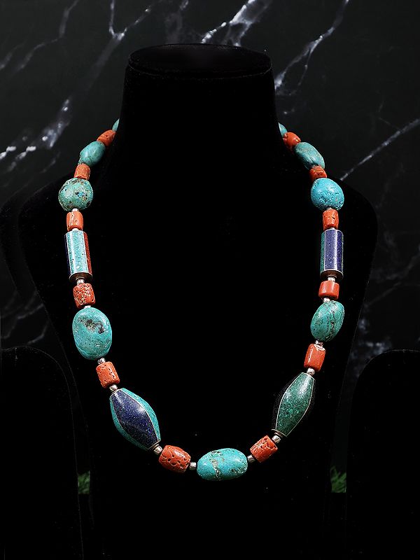 Sterling Silver Necklace with Turquoise and Coral Gemstone