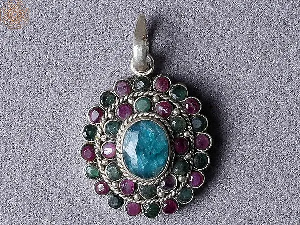 Silver Blue Emerald Ruby Pendant from Nepal