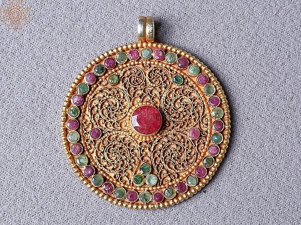 Multiple Ruby Round Pendant Silver Copper Plated Ghau