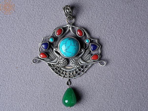 Turquoise Stone Double Peacock White Metal Pendant