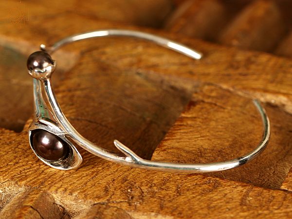 Flower Branch Black Pearl Open Bracelet | Sterling Silver Bracelet