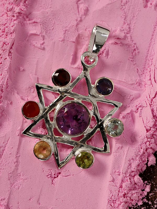 Multi-Stone Star Pendant With Amethyst in Center | Sterling Silver Pendant
