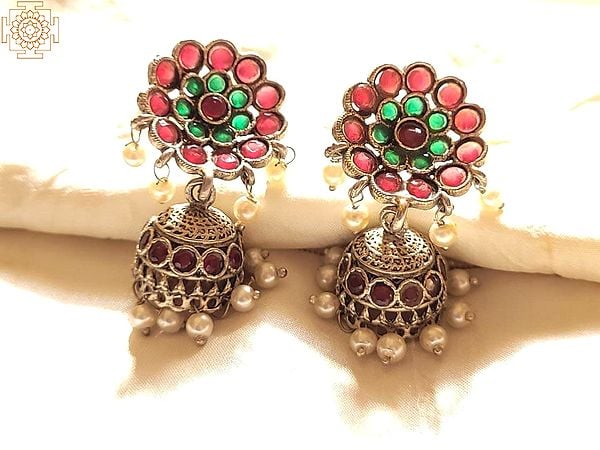 Silver Finish Red and Green Stone Jhumka