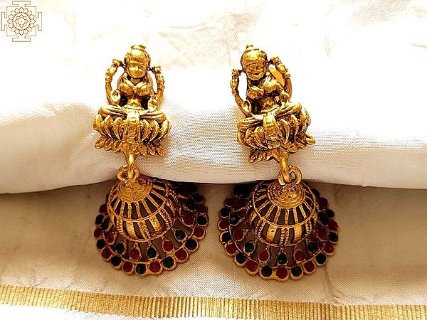Goddess Lakshmi with Multicolor Stone Jhumka