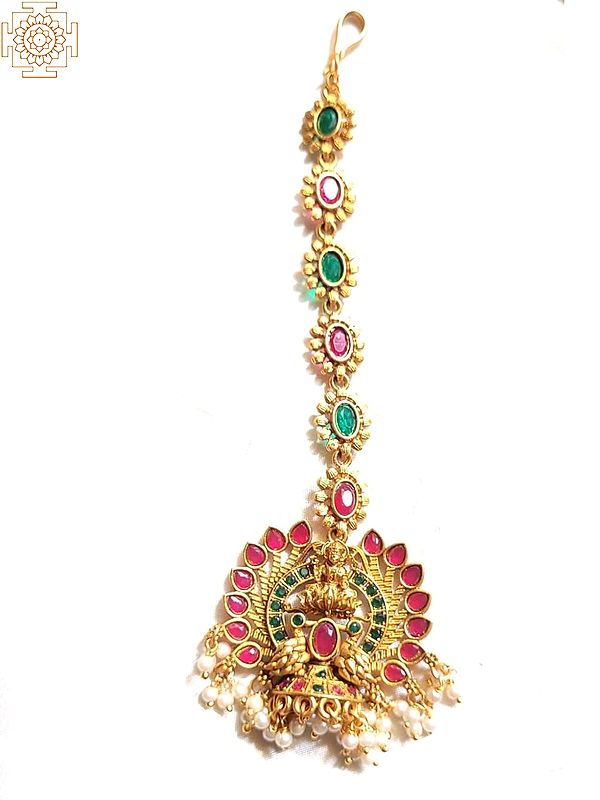 Red & Green Stone Goddess Lakshmi Design Maang Tikka