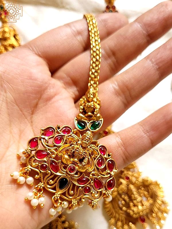 Broad Beautiful Goddess Lakshmi Studded Multicolored Maang Tikka with Pearls