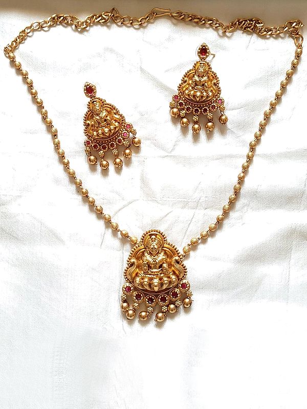 Gold Plated Goddess Lakshmi Long Necklace with Earring Set