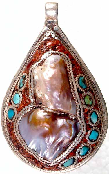 Shell Pendant with Turquoise and Coral Inlay