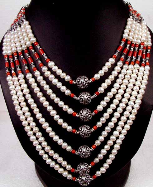 7 Strand Pearl & Coral Necklace
