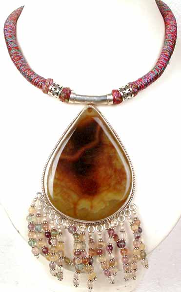Agate Necklace with Beaded Gemstone Tassles