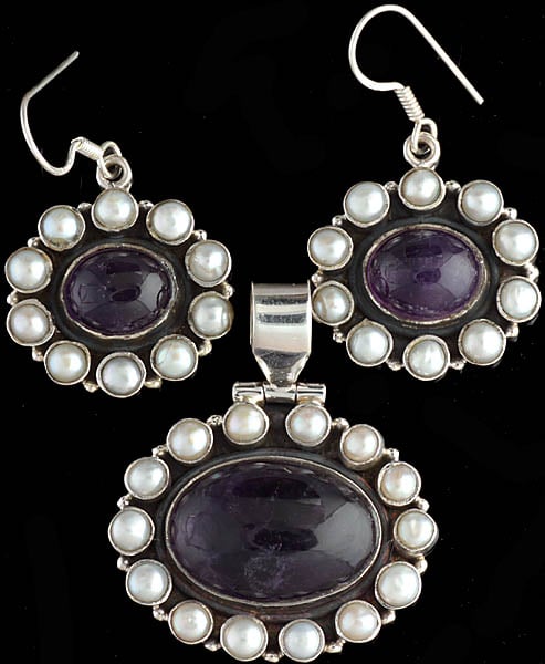 Amethyst Pendant with Pearl Border and Matching Earrings Set
